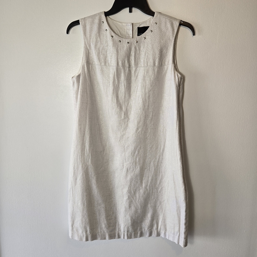 Cynthia Rowley Linen Blend White Shimmer Studded Sleeveless Shift Dress Size 12